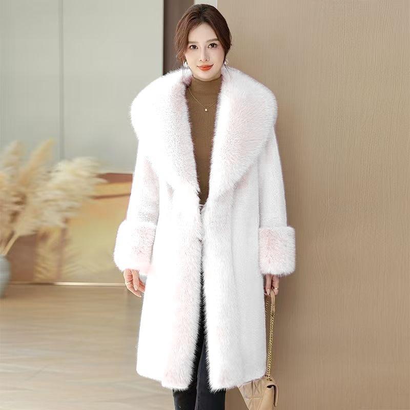 Autumn and winter new padded imitation leather long coat imitation mink fur coat big fur collar woman