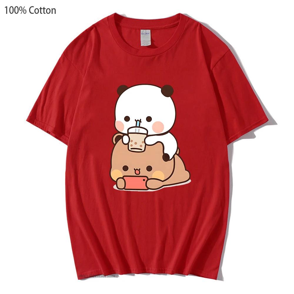 Bubu Is Watching Dudu While He Playing Games T-Shirts Cute Panda Bear Cartoon Tshirts Women Funny Top Kawaii Clothes