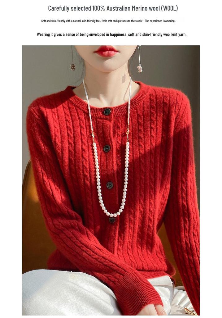 Women's Red 100% Pure Wool Cable Knit Cardigan Sweater - Loose Fit, Round Neck, New Year Style