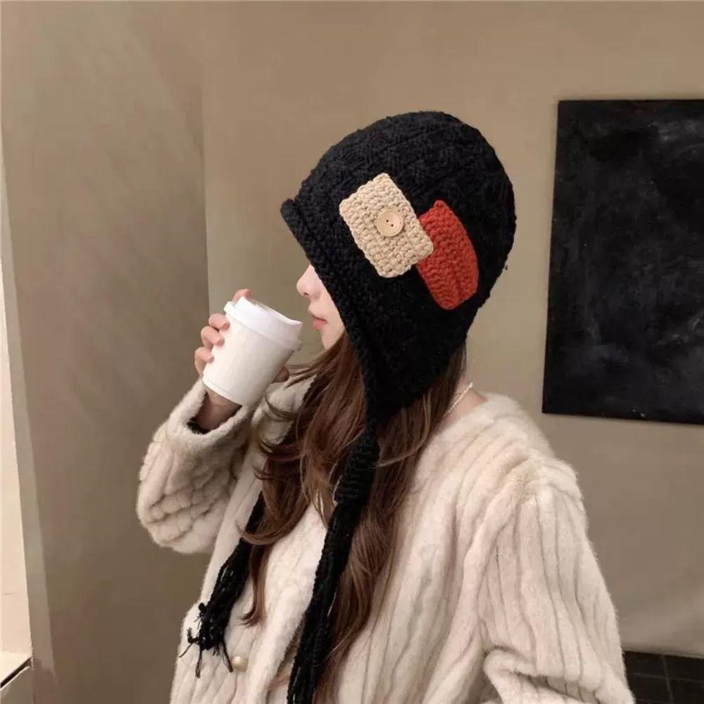 Retro Long Tassels Crochet Knitted Hat Wool Vintage Knit Beanies Warm Korean Ear Protection Hat Autumn