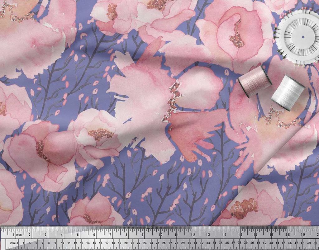 Soimoi Japan Crepe Satin Fabric Peony Watercolor Printed Craft Fabric by the metre 42 Inch