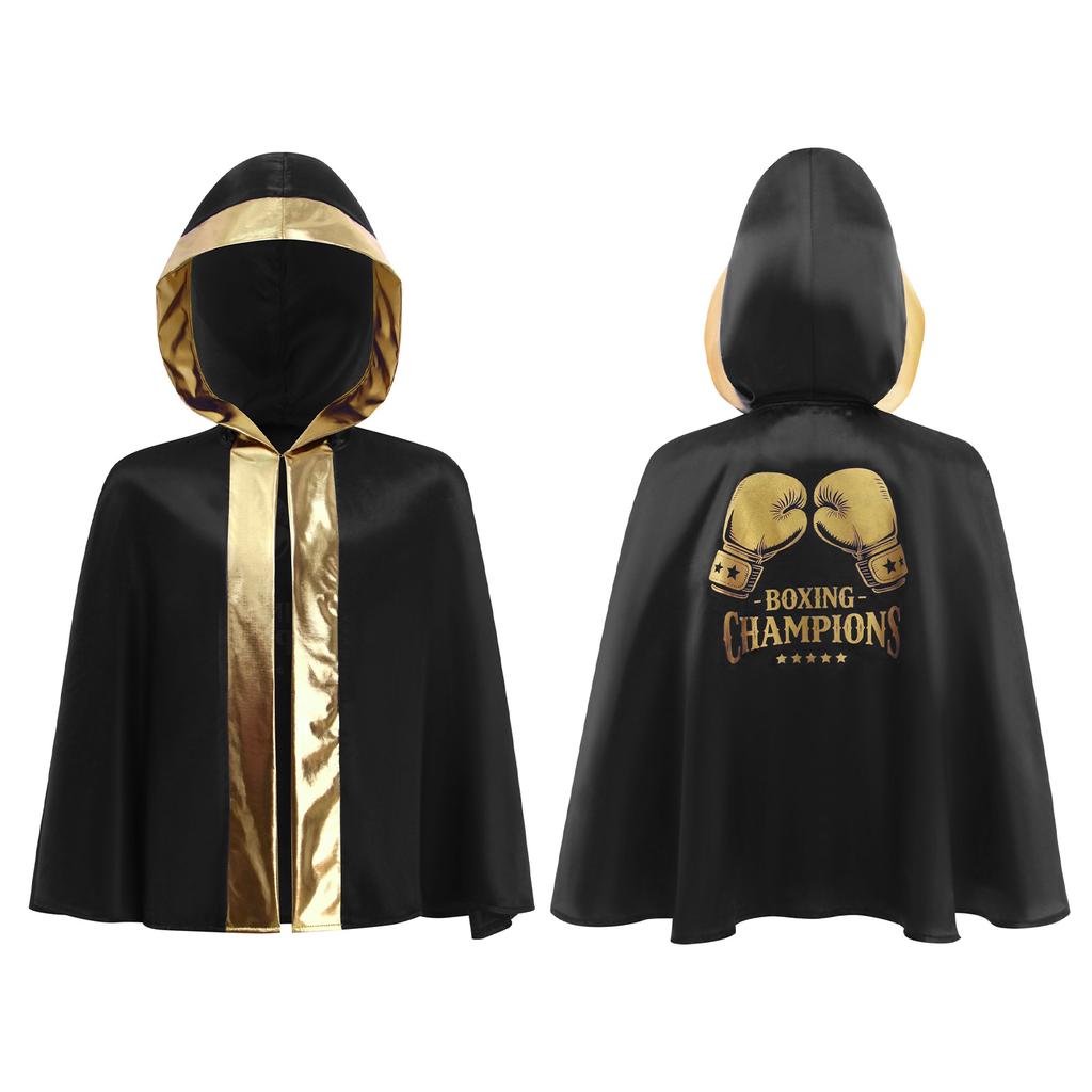 Kids Boys Girls Boxing Costume Halloween Cosplay Cloak Open Front Metallic Trim Letter Printed Back Hooded Boxer Robe