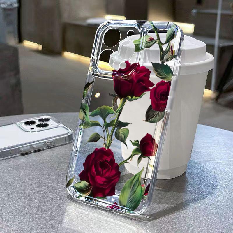 Vibrant Red Rose Floral Clear Phone Case for iPhone 17 16 15 14 13 12 11 16E Series Pro Max Plus Double Layer Protection