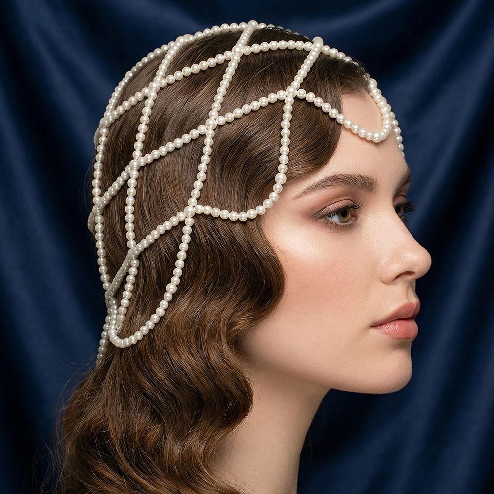 Hand-Made Pearl Hat Chain Pearls Weave Pearl Headpiece Stylish Bridal Head Ornament  Bridal Wedding