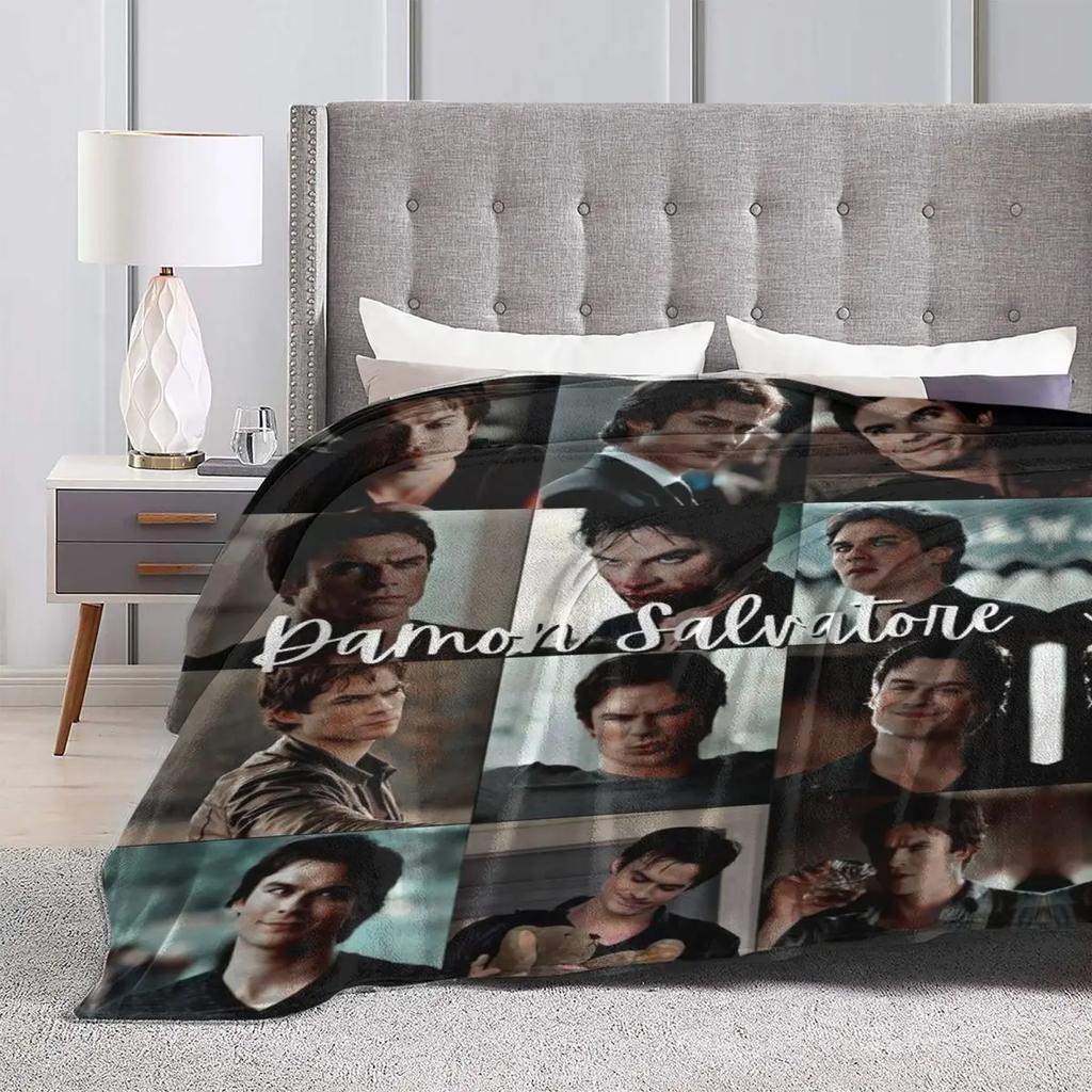 The V-Vampire Diaries Blanket D-Damon Salvatores Photo Travel Flannel Throw Blanket Soft Warm Bedroom Custom DIY Bedspread Gift