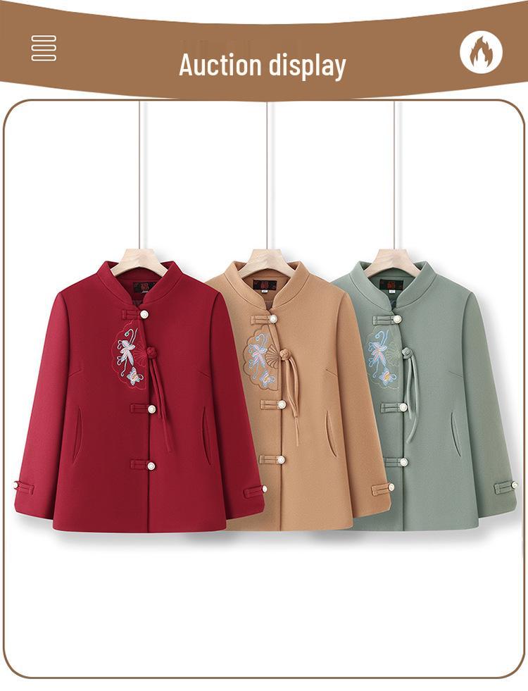 Elegant Embroidered Woolen Coat for Middle-Aged & Elderly Women – Spring & Autumn Fashion