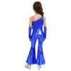 Girls Sequined One Shoulder Jumpsuit Sleeveless Disco Dance Costume High Waist Flared Design Tassel Details Gloves Included