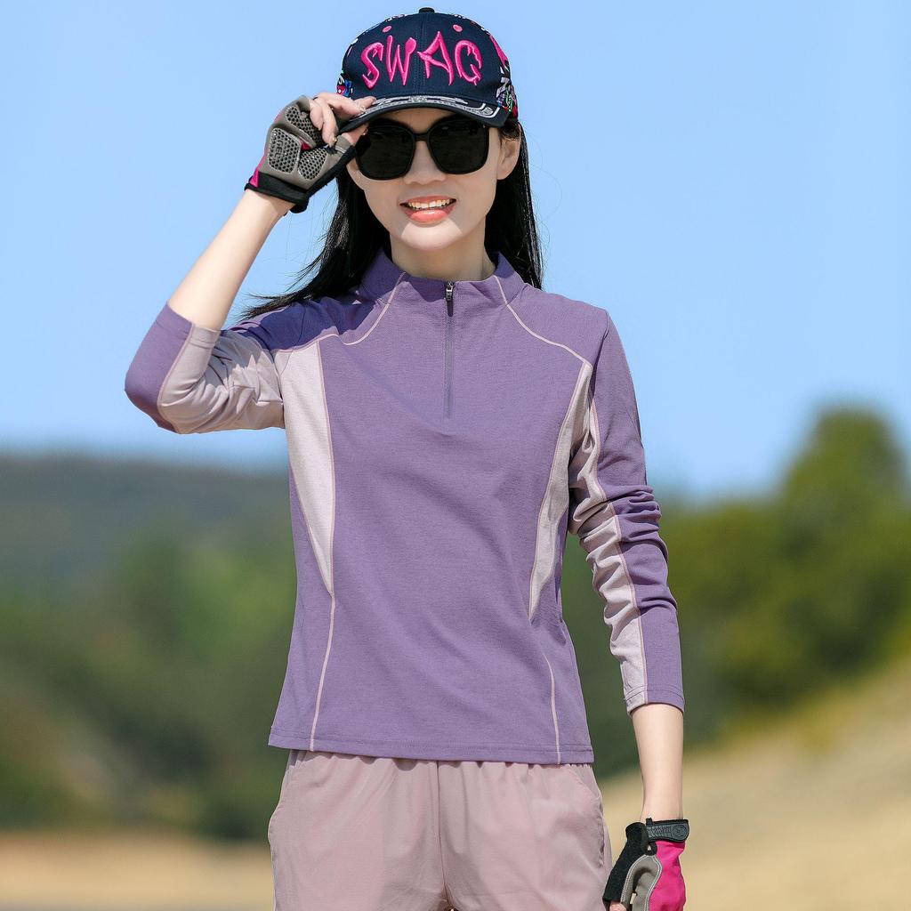 Women's Lightweight Quick-Dry Long Sleeve T-Shirt, Stand Collar, Breathable Patchwork for Hiking, Running, Outdoor Sports - Spring/Summer