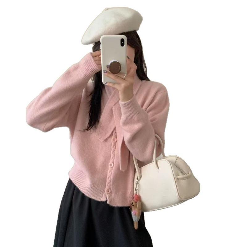 New Solid Color Simple Temperament Single-breasted Knitted Cardigan with Scarf Two-piece Women's Casual Jacket