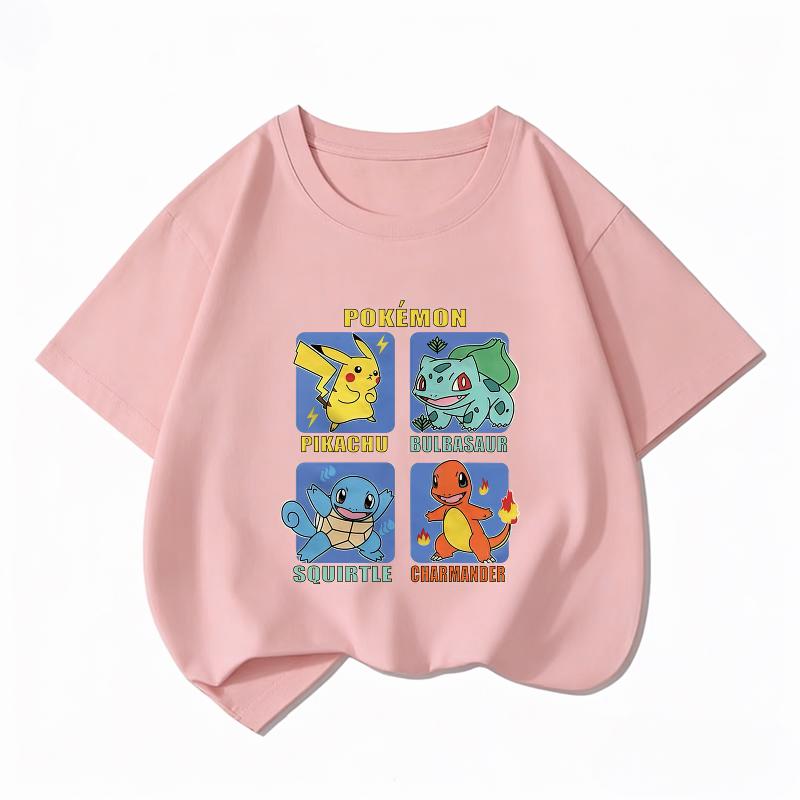 Potdemiel Kids Cotton Tshirt Cute Pikachu Cartoon Print Summer Short Sleeve Boys Girls Casual Crew Neck Tops