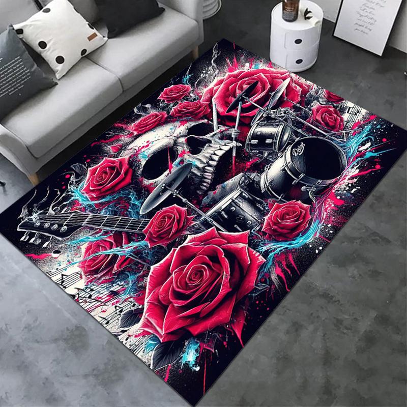 1 Stück Schädel Dunkel Gotisches Muster bedruckter Teppich für Wohnzimmer Schlafzimmer Zuhause Sofa Dekoration, Rutschfeste Fußmatte Bodenmatte