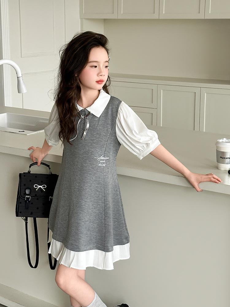 Summer 2026 Girls' Academy Polo Collar Dress - Mid-Length Short Sleeve Princess Style
