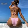 2Pcs/Set Women Sexy Bikini Set Halter 3D Flower Decor Bra High Waist Lace-up Briefs Set Solid Color Pleated Beachwear Swimsuit