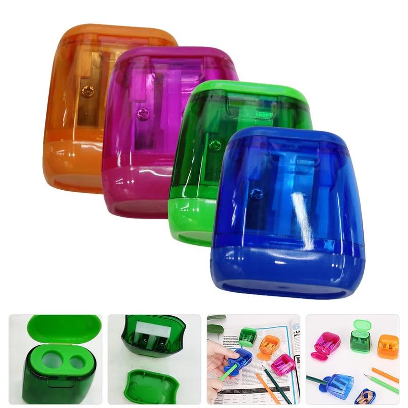 4pcs Student Geometric Double Hole Pencil Sharpener - Transparent Plastic, Precise Sharpening for Sketch/Artwork | Durable Porta
