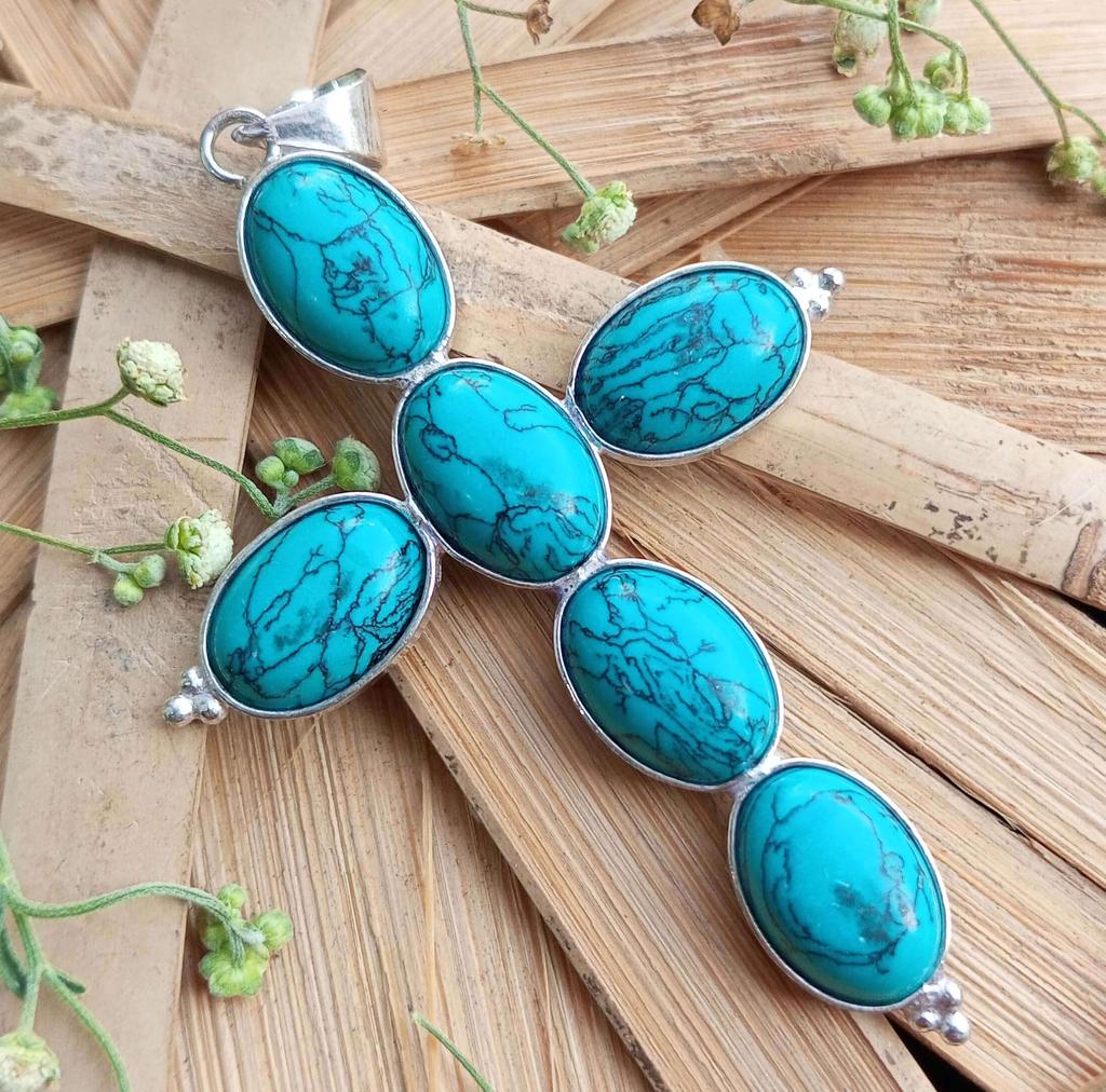 Turquoise Gemstone 925 Sterling Silver Plated Gifted Cross Shape Pendant Jewelry NST-J2H6340