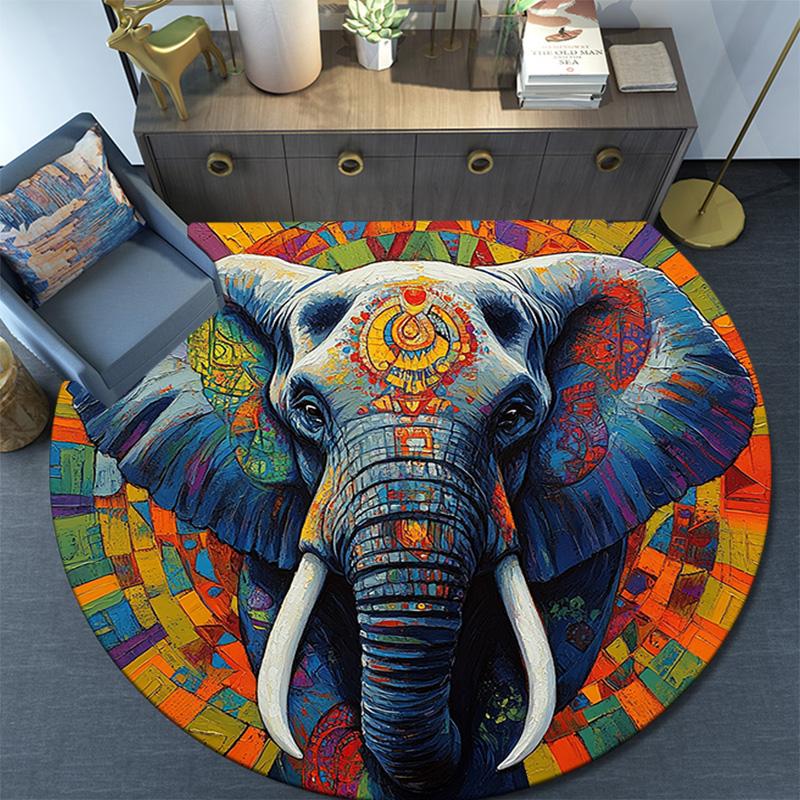 Elephant Mandala Round Area Rug,Carpet Rug for Living Room Bedroom Sofa Playroom Decor,Non-slip Floor Mat