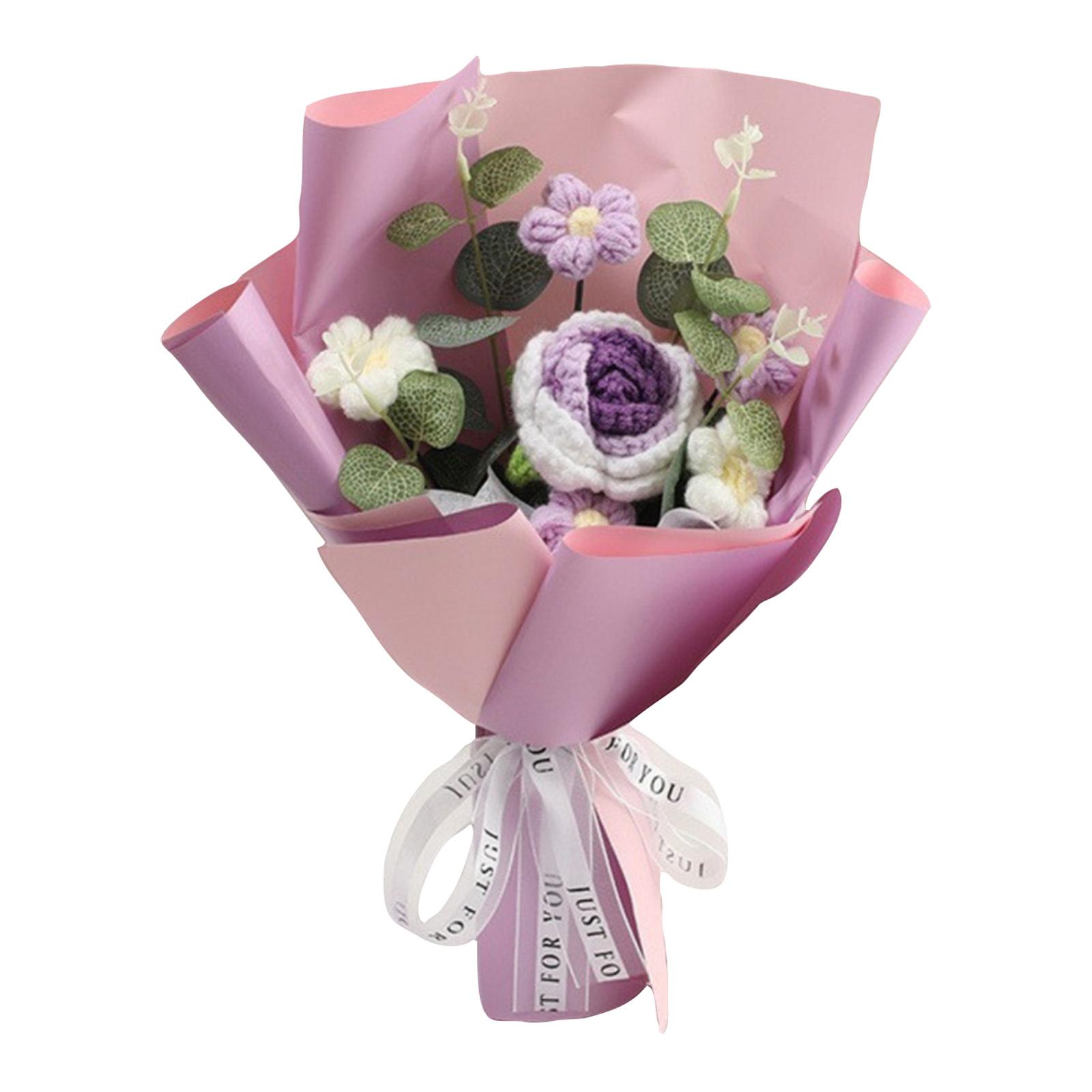 

Knitted Artificial Flower Bouquet with Decorative Wrapping and Ribbon for Home Office Gift Decor One Size