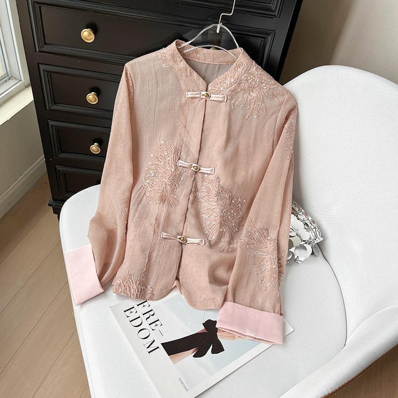 

Spring and summer 2025 new stand-up collar embroidered women s fashion temperament long-sleeved thin top women M ([Recommended below 50kg]) рожевий