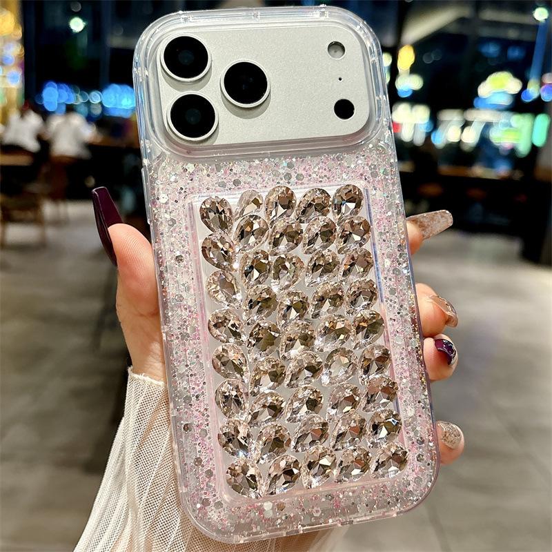 

Glitter Crushed Diamond iPhone 17 Pro Case - Full Diamond, Transparent Design for iPhone 13, 14, 15, and 16 14Plus розовый
