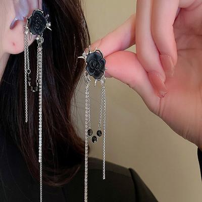 Korean Rose Blossom Crystal Set Diamond Chain Tassel Ear Clip Fashionable Grade No Ear Hole Earbone Clip Earrings for Women