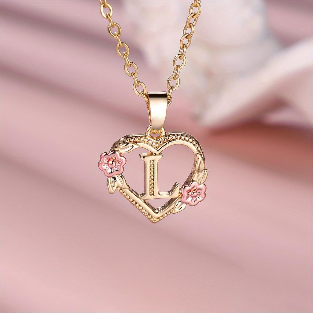1 Pc Golden Color 26 English Letter Heart Necklace Rose Flower Pendant Wedding Band Jewelry Valentine's Day Gift