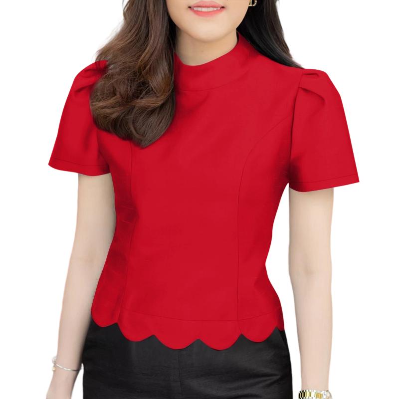 

ZANZEA Women Casual Stand Collar Wave Edge Hem Summer Short Sleeve Blouse L