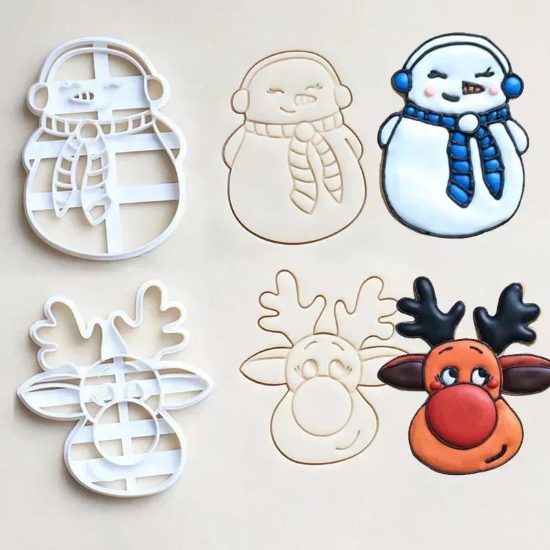 New Christmas Cookie Cutters Snowman Reindeer Shaped Christmas Themed Pressable Biscuit Mold Cookie Stamp Embosser Baking Pastry