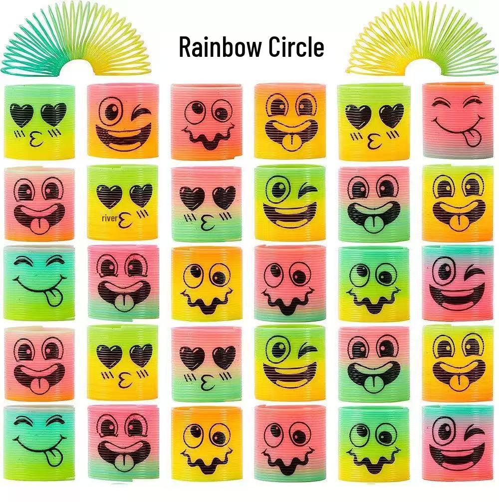 3.5CM Mini Smiley Face Rainbow Spring Ring: Children's Seven-Color Elastic Decompression Toy