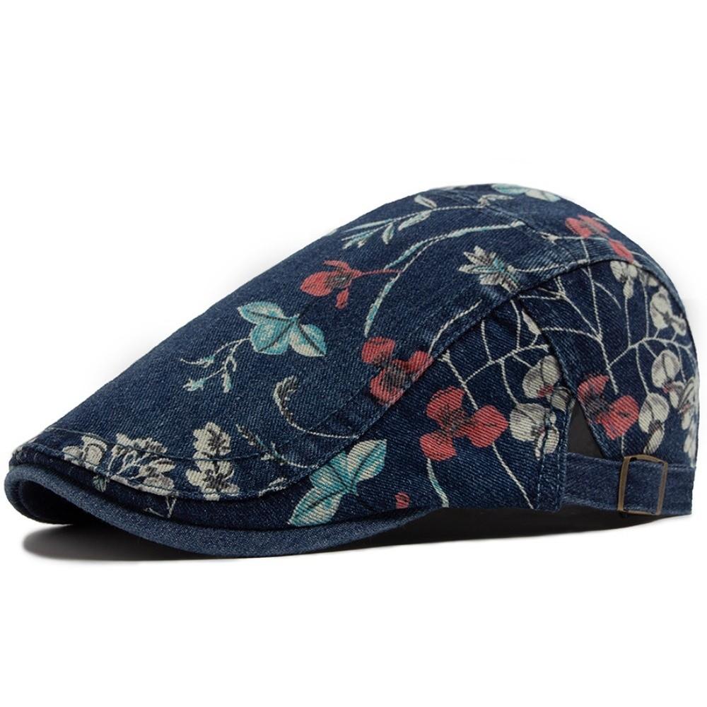 

Retro Flower Print Beret Hat Washed Denim Thin Artistic Hat Breathable Adjustable Baseball Cap Spring Autumn темно-синий