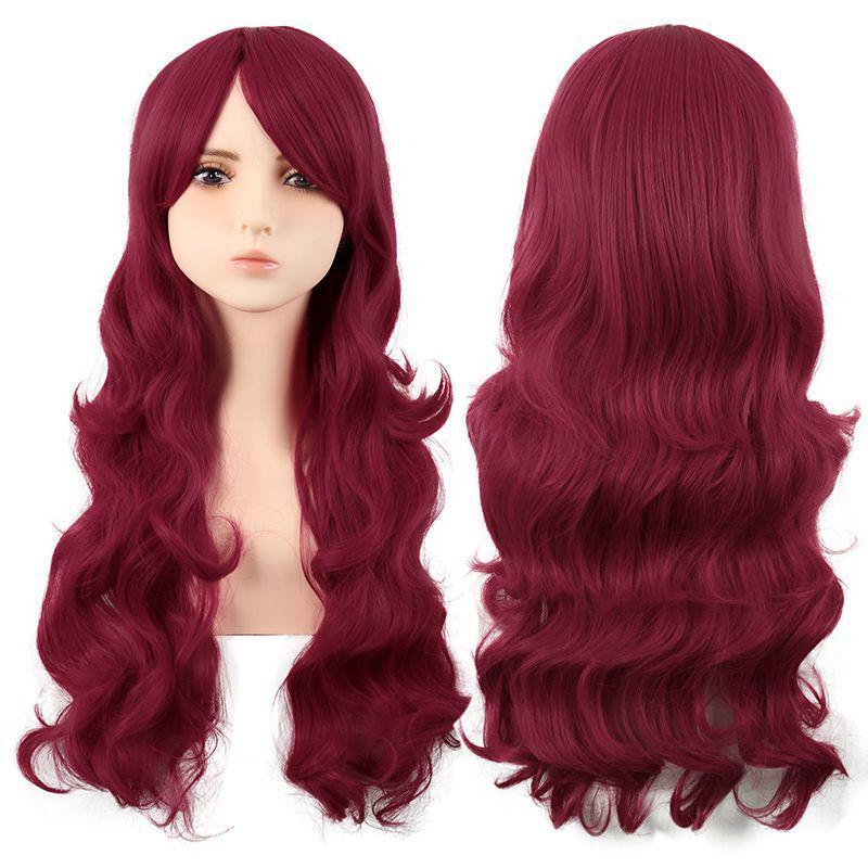 Flerfärgad 70 cm lång lockig animeperuk: Rotfrukt Rosa, Ljusguld, Svart, Roseröd Som Tillval