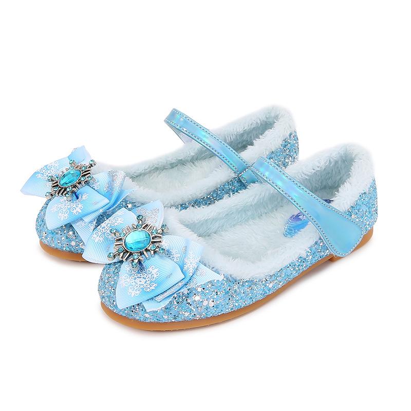 Fleece Elsa princess shoes autumn and winter new girls' leather shoes children's crystal shoes little girl fluffy shoes baby cotton shoes