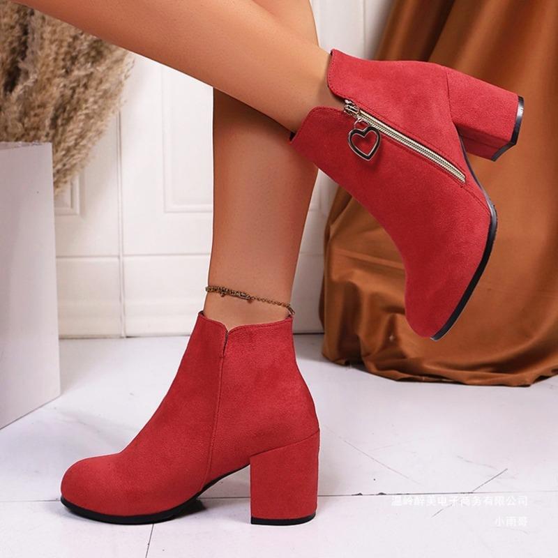 Foreign trade large size high-heeled short suede Martin boots women's autumn and winter new round head thick heel side zipper short boots