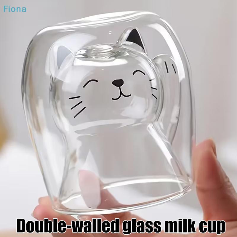 Double Wall Glass Maneki-Neko Cup, Cute Lucky Cat Shaped Insulated Coffee Mug, Heat Resistant Clear Glass for Tea Milk