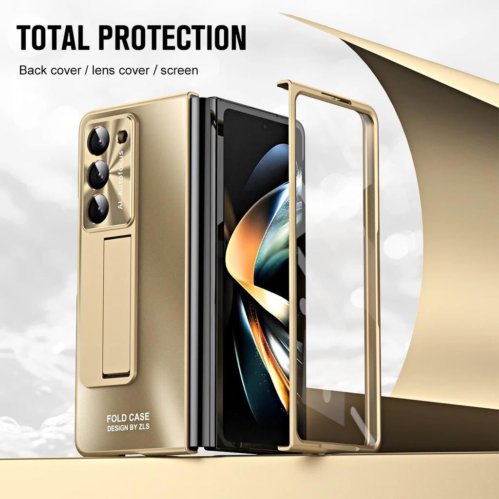 Luxury Plating Hinge Case for Samsung Galaxy Fold 5 Fold 4 3 with S Pen 360 Full Screen Protector AG Matte Shockproof Kickstand Protection Cover