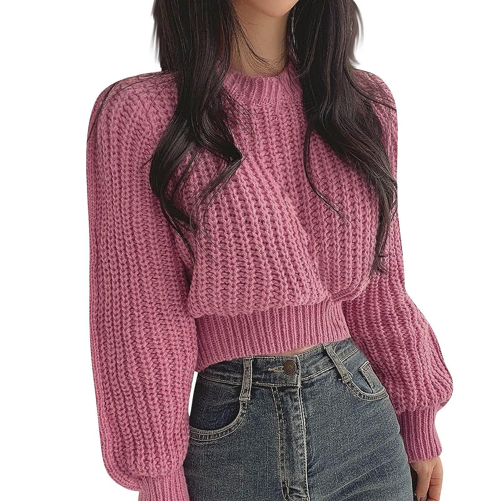 

Свитер с рукавами-фонариками, женский зимний модный свободный пуловер, вязаный топ One Size розовый