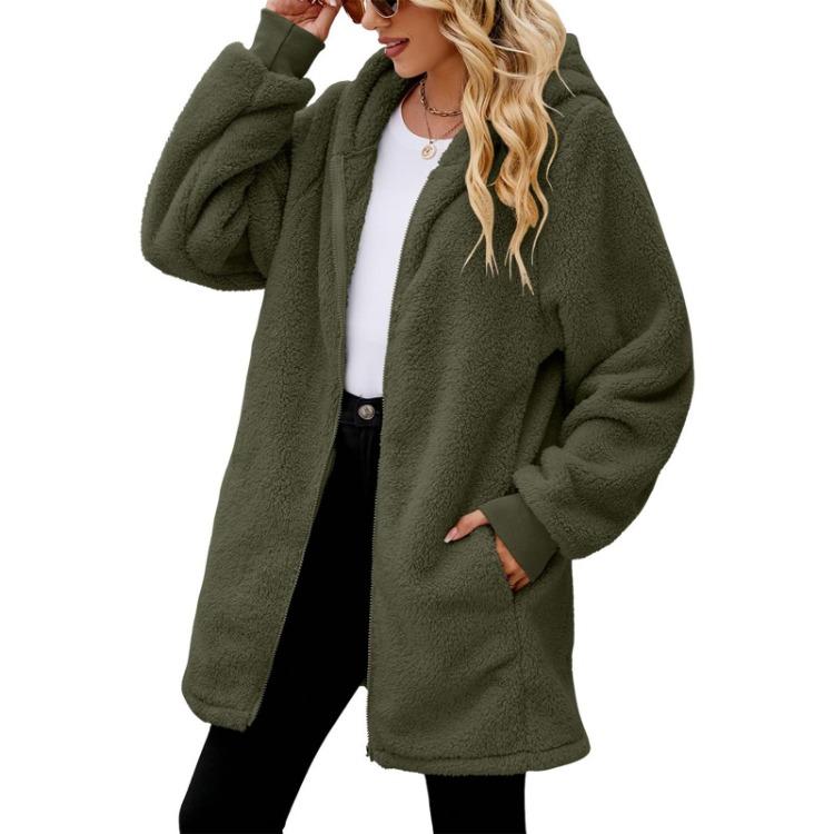 Fashionable Plush Jacket for Women Loose Hooded Zipper Coat Solid Color Long Sleeved Pocket