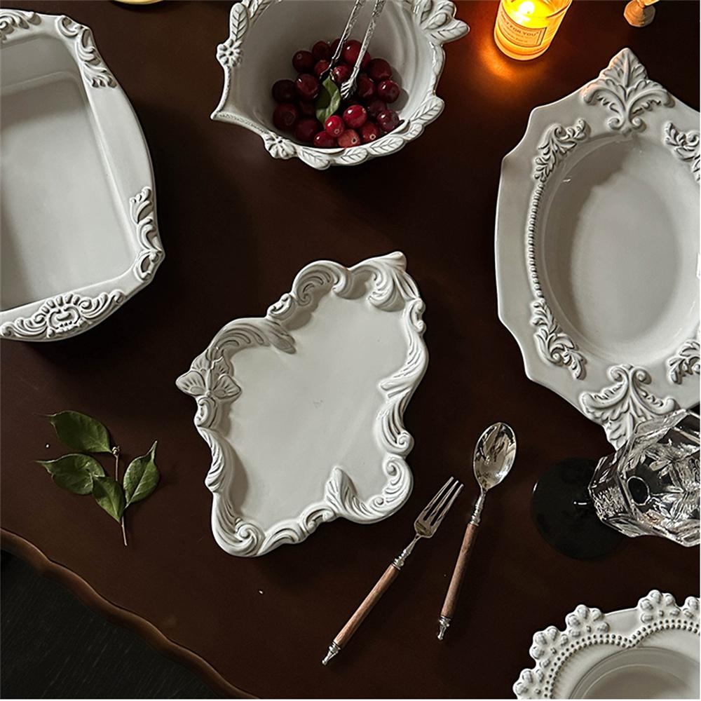 Palace Vintage Ceramic Decorative Dinner Plate White Butterfly Lace Bakeware Tableware Kitchen Supplies Decorative Plate