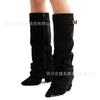 2025 women's shoes pointed straight pleated metal buckle medium long boots large size thick heel trouser tube boots