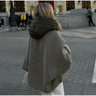 Winter Oversize Zipper Hooded Jacket Women Fashion Thicken Patchwork Long Sleeved Coats Autumn Loose Warm Street Outerwear Plus Size