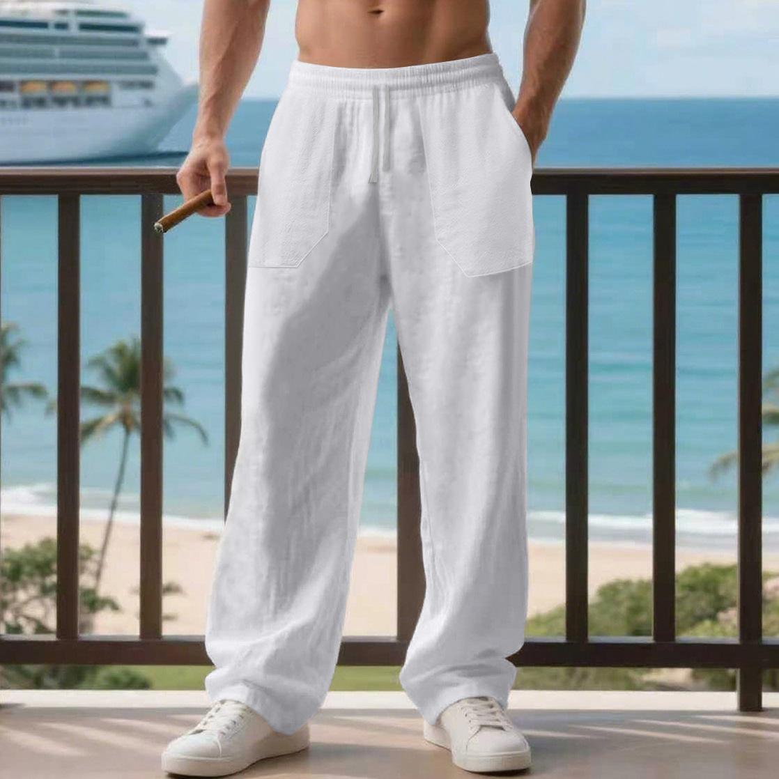 

Men s Breathable Autumn Beach Trousers Loose-Fit Casual Linen Straight-Leg Shorts S белый