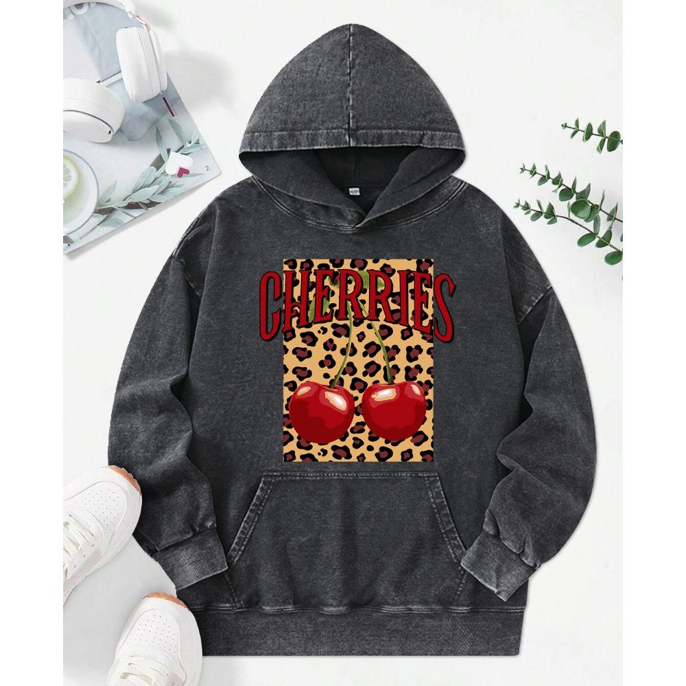 Leopard Cherry Creative Printing Women Washed Hoodie Loose Fashion Streetwear Autumn Multicolor Hoody Cotton Pullover