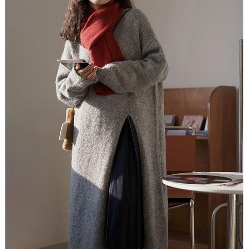 Retro loose lazy wind pullover solid color knee long split knit crew neck sweater skirt