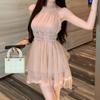 Celebrity daughter wind neck sleeveless dress women's summer sweet bow strap waist bud irregular short skirt