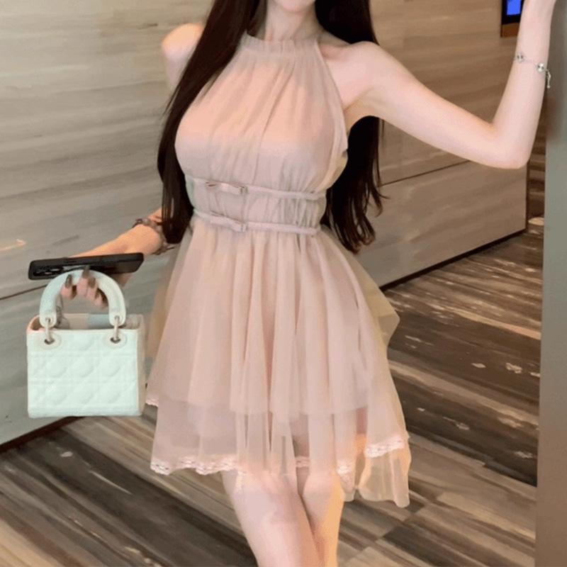 Celebrity daughter wind neck sleeveless dress women's summer sweet bow strap waist bud irregular short skirt