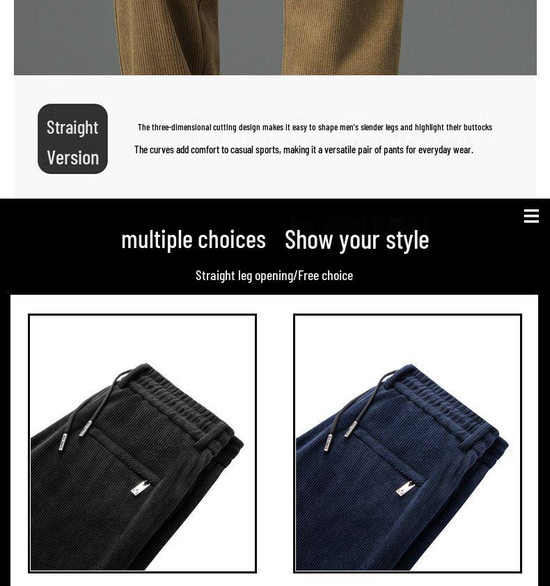 Romon Men's Fleece-Lined Corduroy Pants, Thickened Elastic Waist, Autumn/Winter Warm Casual Style.