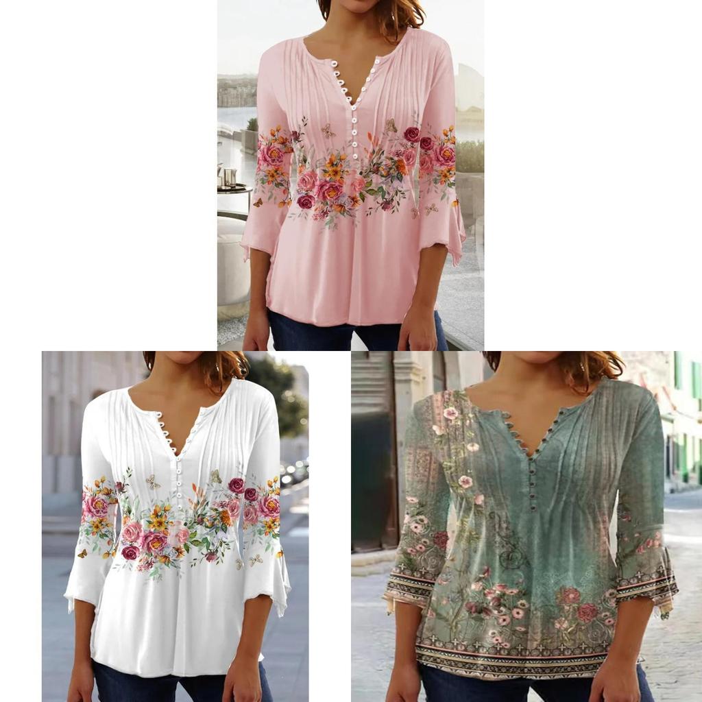 Floral Print T Shirt For Women With 3d Effect Polyester V Neck Short Sleeve Casual Top