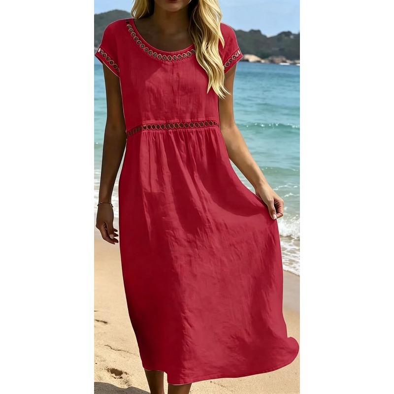 JPNTKY Fashion Summer Spring  Solid Color Print O-Neck Short Sleeve Casual Dresses