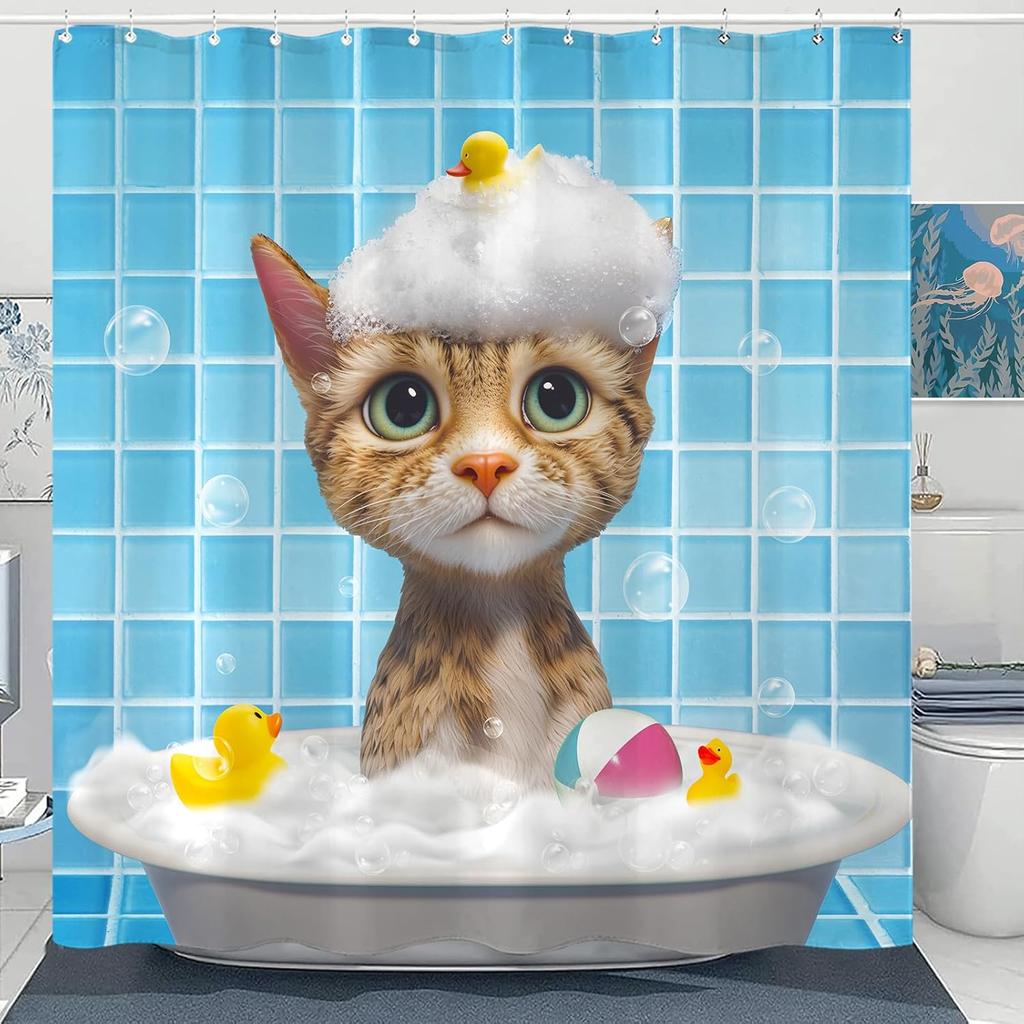 Funny Cat Shower Curtain Set Great Wave Art Style Relaxing Feline Waterproof Bathroom Shower Curtain Japanese Scene Home