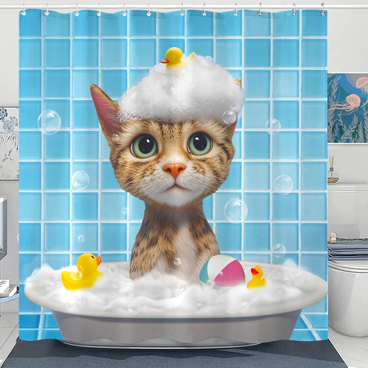 Cat Shower Curtain Funny Shower Curtain Bubble Cat  for Bathroom Cute Shower Curtain Set with 12 Hooks 90x180cm