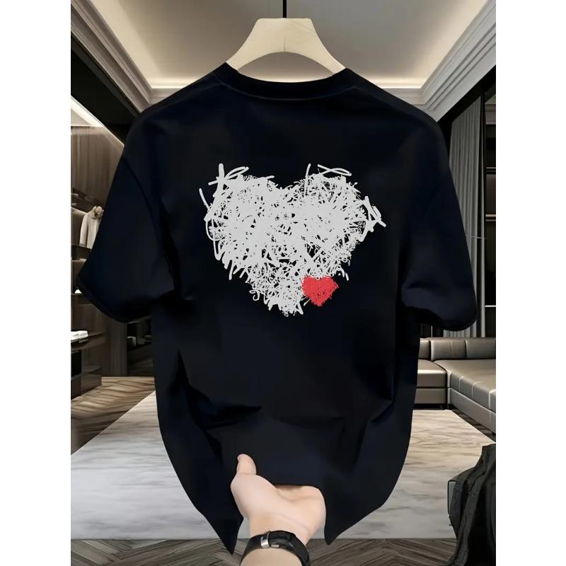 Cotton T-Shirt with Geometric Heart & Cartoon Face Print - Streetwear Summer Casual Short Sleeve Tee, Machine Washable, Everyday Comfort Tee